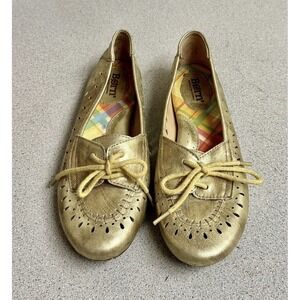 Born Gold Metallic Leather Ballet Flats with Ties Size 6.5